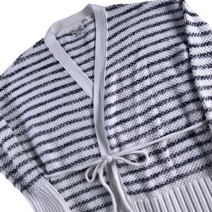 Barbour Holywell Knit Cardigan Womens Medium White Blue Striped Wrap Tie Sweater